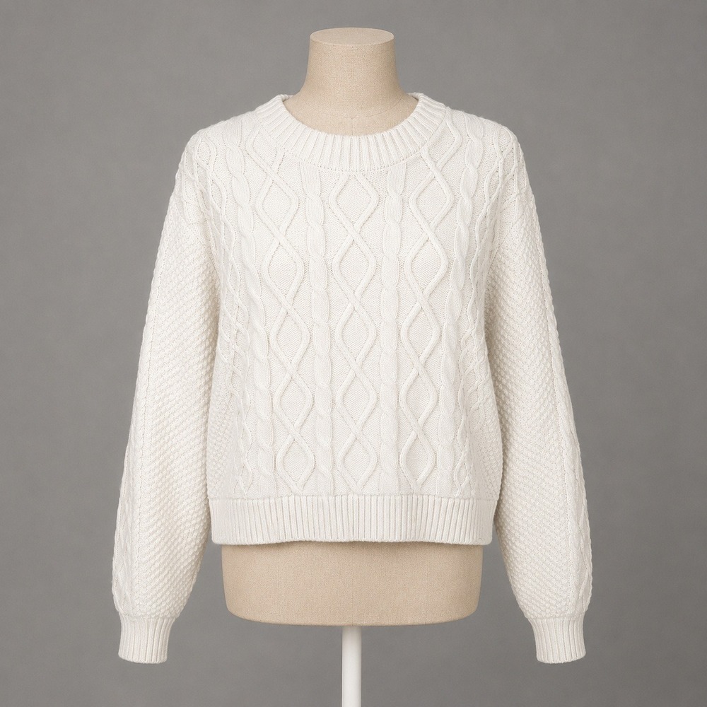 Hollister Cable Knit Cropped Fisherman Sweater M White Chunky Cottagecore Preppy